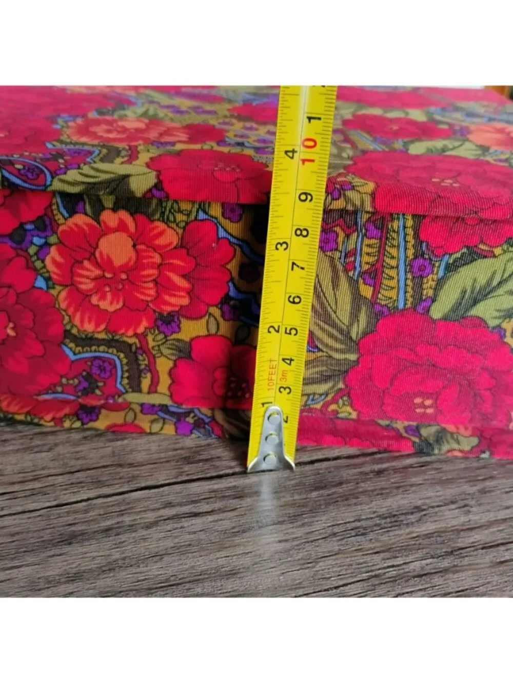 Vintage Floral Fabric-Covered Jewelry Box With Mirror & Compartments 11.5